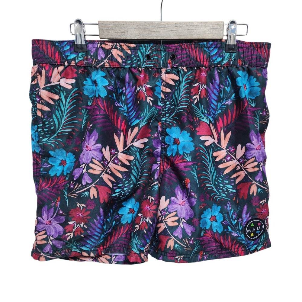 Maui and Sons Mens Tropical Floral Swim Trunks Board Shorts Black Large Waist 34